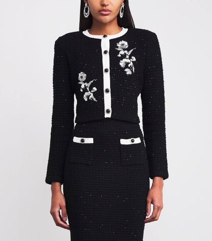 SP Black Textured-Knit Embellished Floral Jacket | Skirt