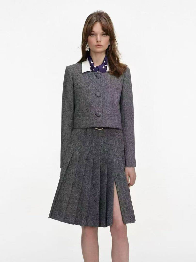 SP Grey Herringbone Scarf Detail Jacket | Pleated Midi Skirt (with belt) | Set