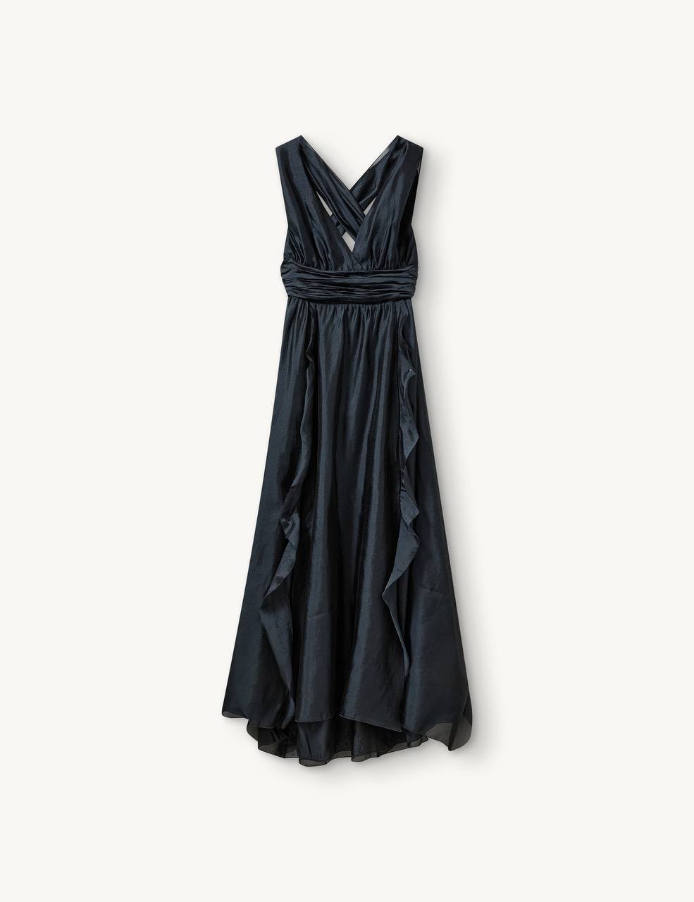 Gilian Plunge Halter Viscose-blend Chiffon Tie-back Gown Maxi Dress in Navy Blue
