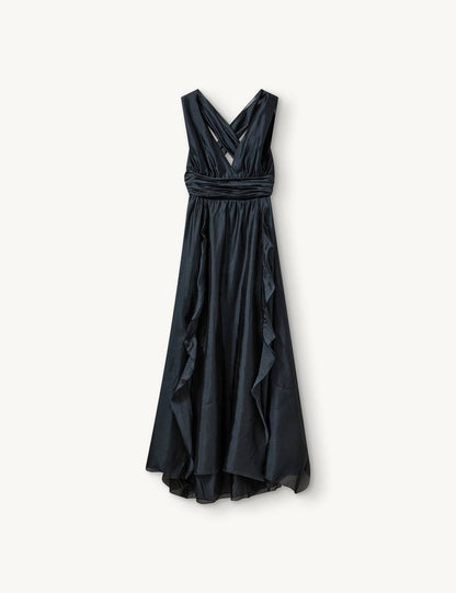 Gilian Plunge Halter Viscose-blend Chiffon Tie-back Gown Maxi Dress in Navy Blue