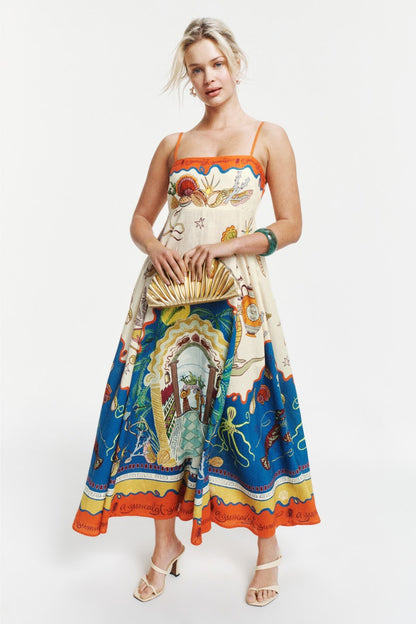 ALM Surrealist Summer Linen Midi Dress Sundress