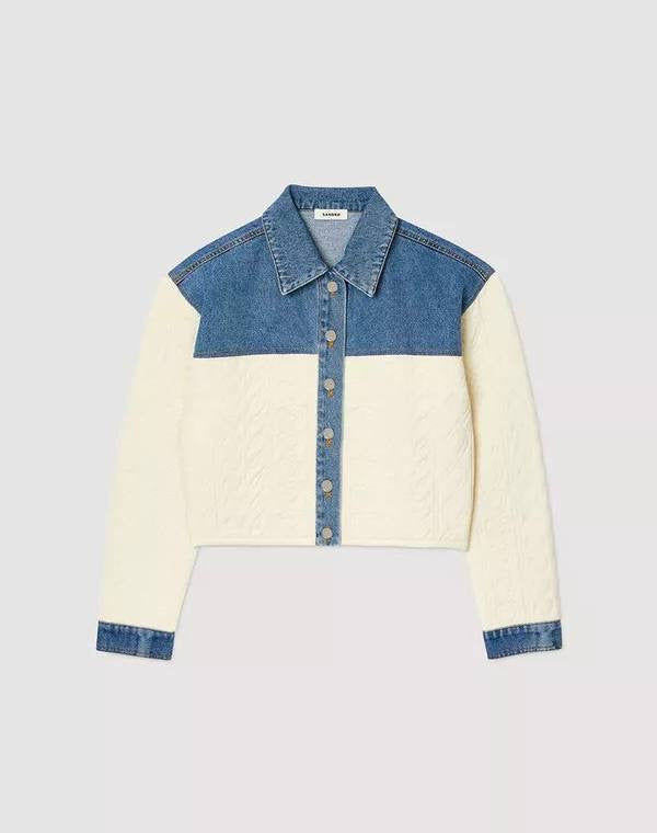 SD Dual-Material Coatigan Denim Jacket with Heart Motifs