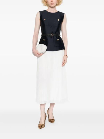 SP Navy & White Boucle Sleeveless Taffeta Pleated Midi Dress