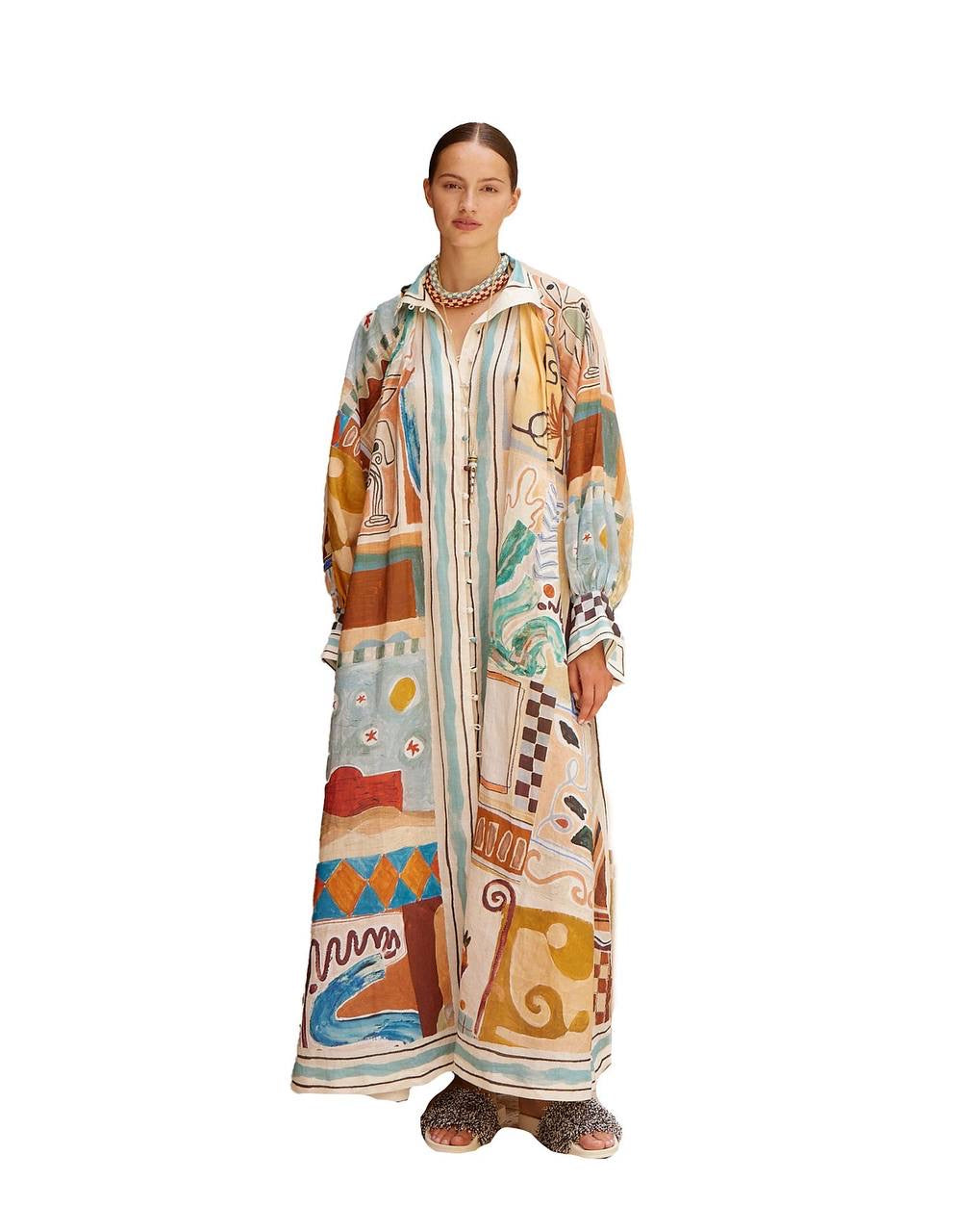 ALM Michelle Long-Sleeve Linen Shirtdress Midi Dress