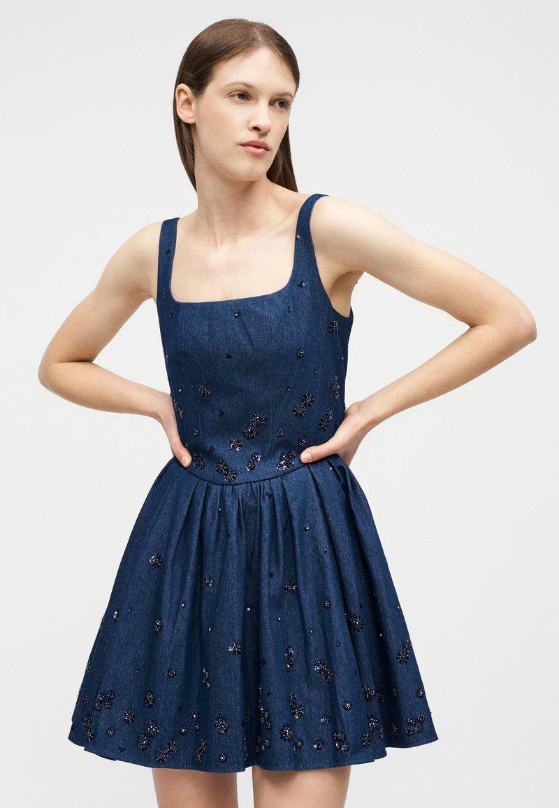 MJ Robradito Flared Embroidered Denim Mini Dress