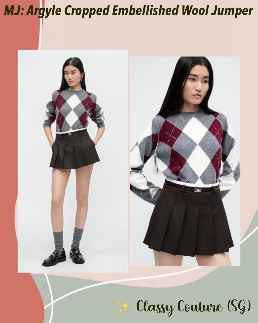 MJ Argyle Cropped Rhinestone Embellished Wool Jumper