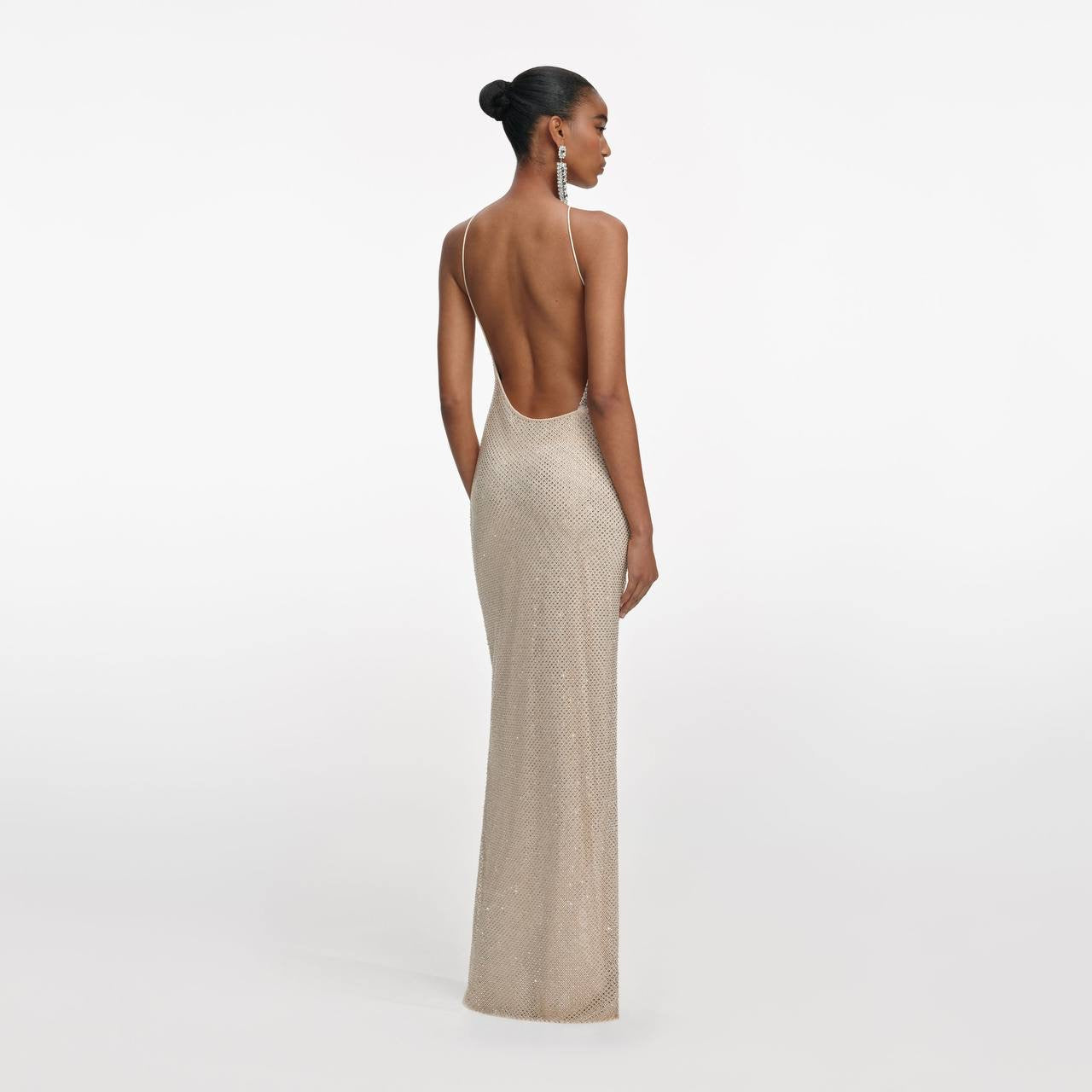 SP Champagne Rhinestone Lace Trim Halter Backless Maxi Dress