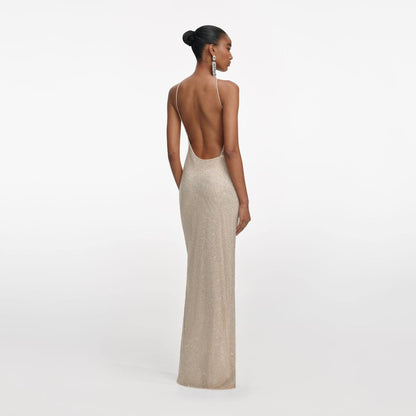 SP Champagne Rhinestone Lace Trim Halter Backless Maxi Dress