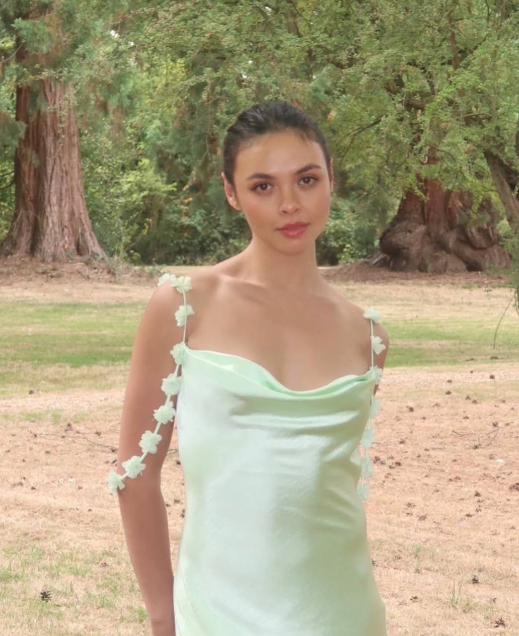 SP Mint Green Floral-Applique Cowl-neck Satin Gown Maxi Dress