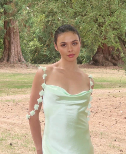 SP Mint Green Floral-Applique Cowl-neck Satin Gown Maxi Dress