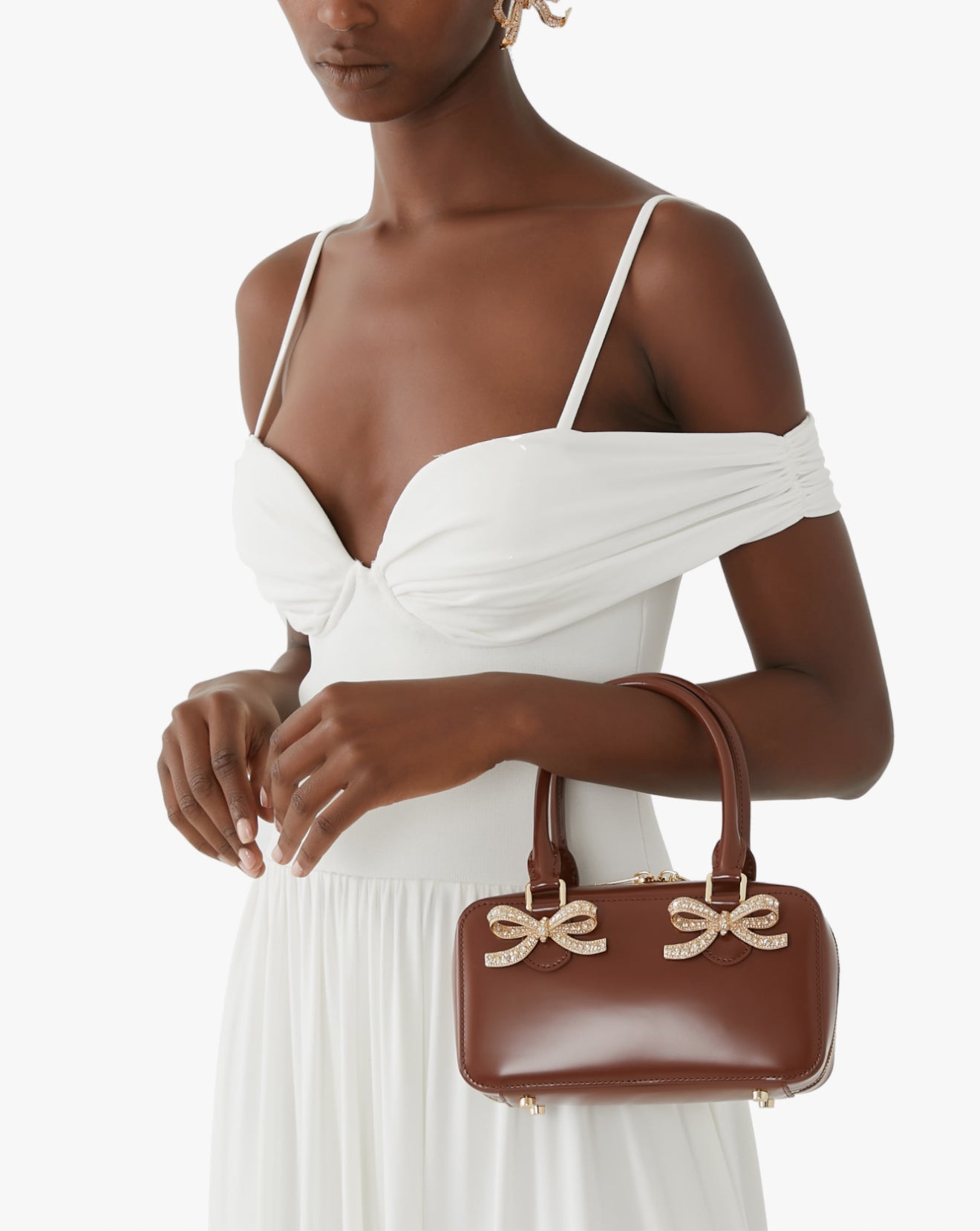 SP Brown Patent Leather Bow-embellished Mini Tote Bag Handbag