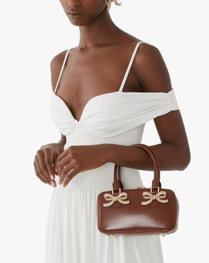 SP Brown Patent Leather Bow-embellished Mini Tote Bag Handbag