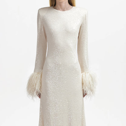 SP Cream Sequin Feather Bodycon Midi Dress