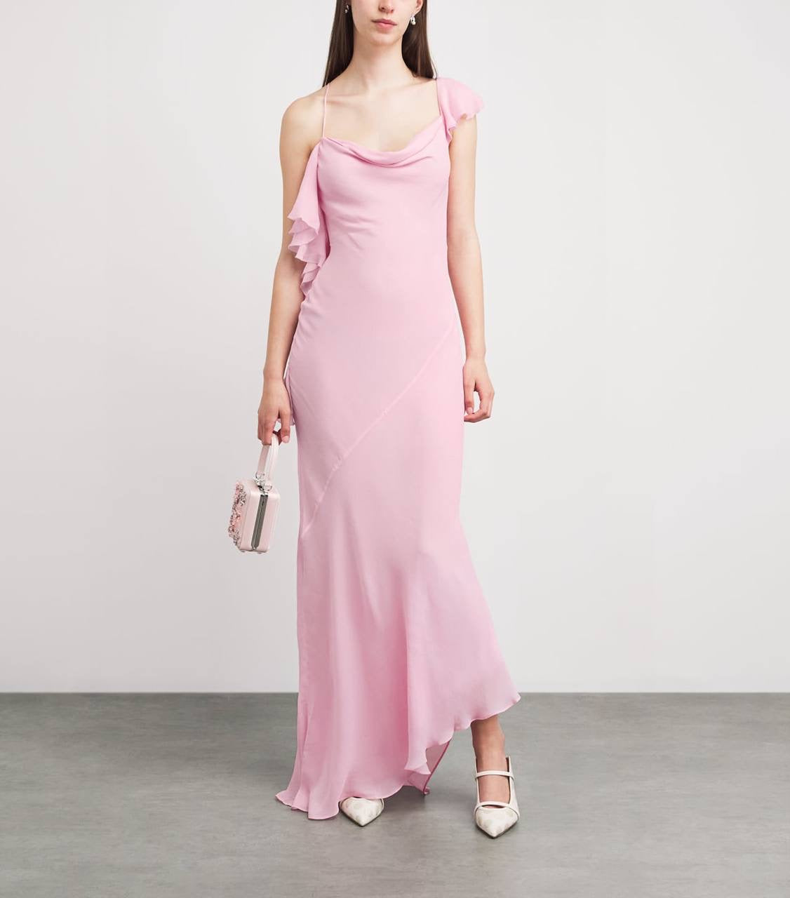 SP Pink Georgette Ruffled One-Shoulder Maxi Dress