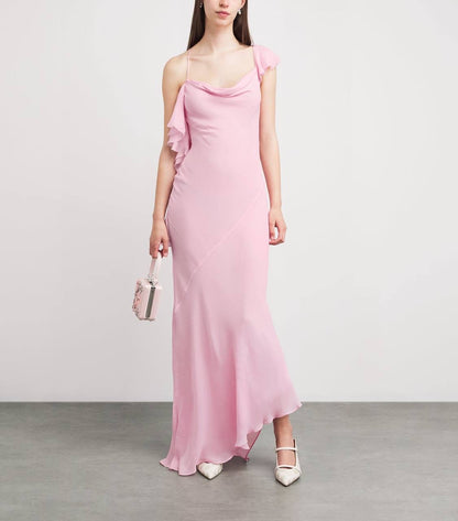 SP Pink Georgette Ruffled One-Shoulder Maxi Dress