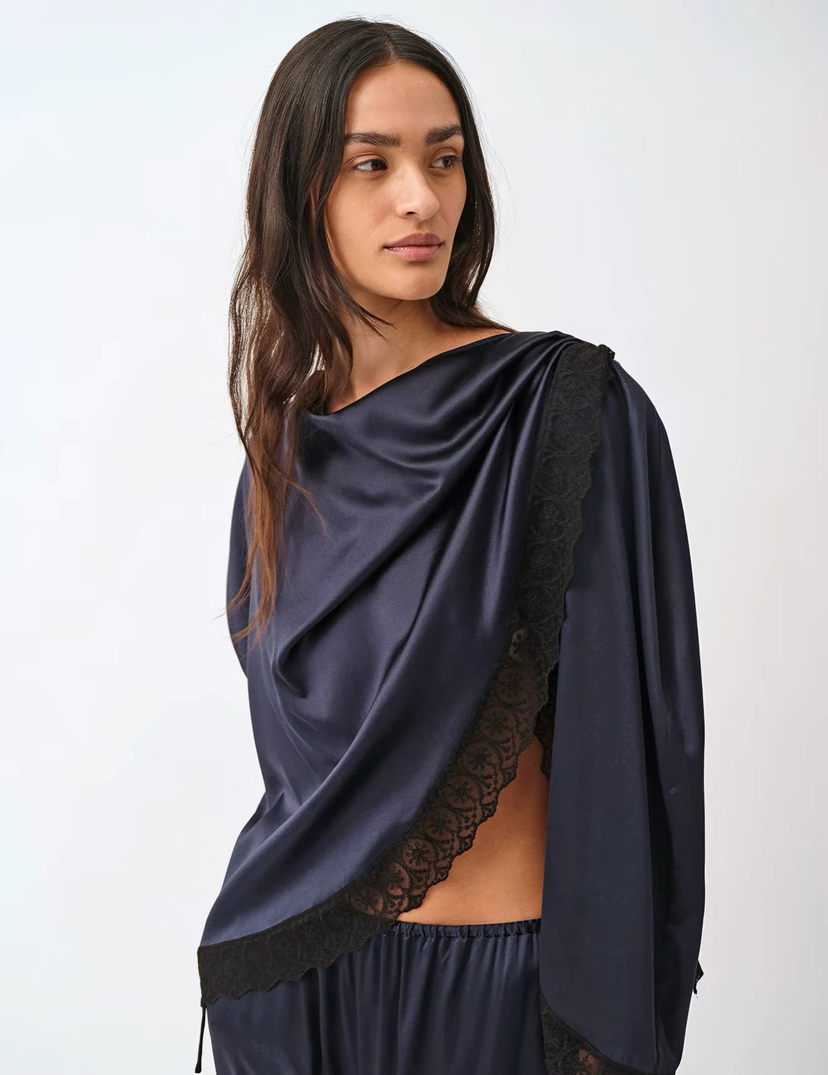 Cata Lace-Trimmed Silk Cape Top | Wide Leg Pants | Set