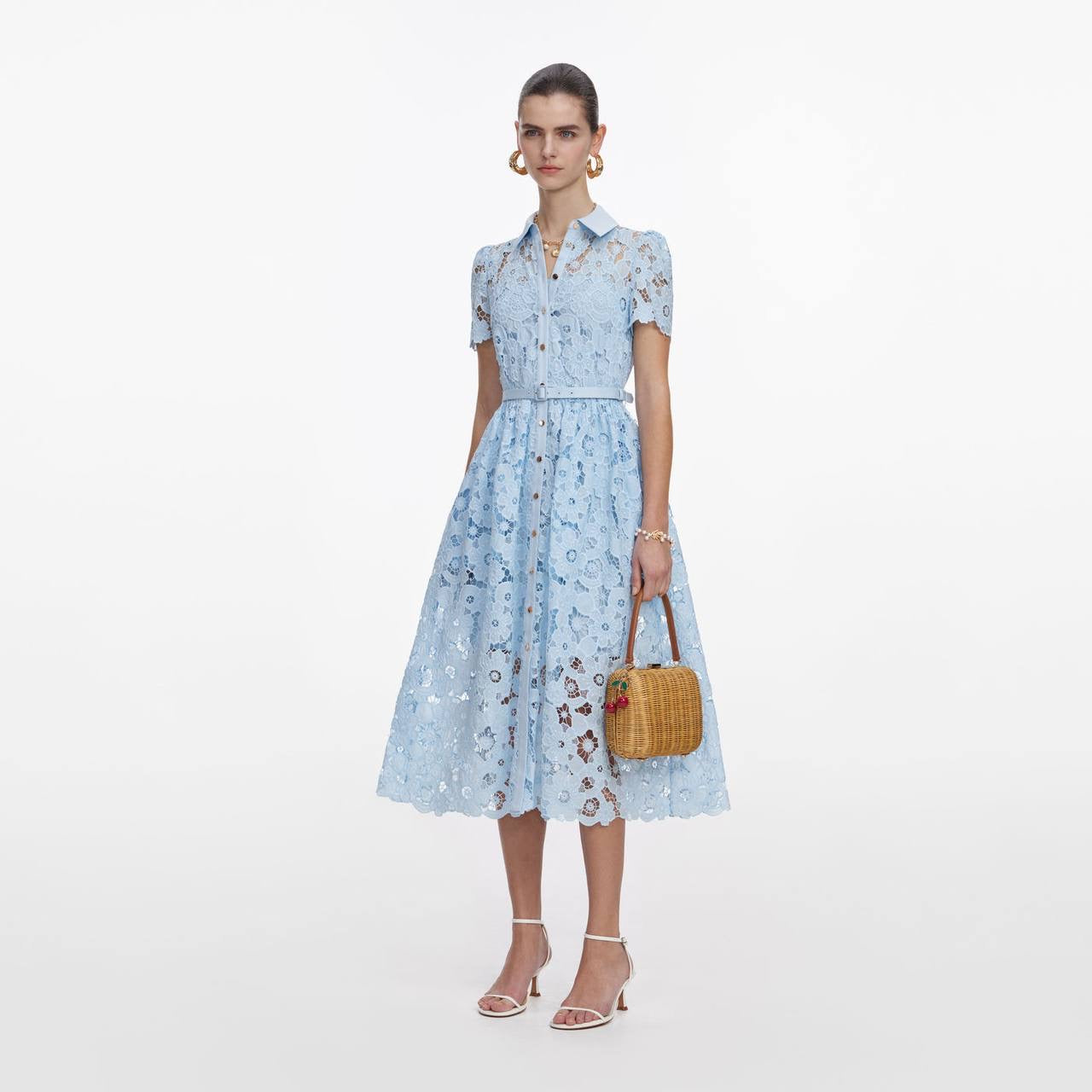 SP Blue Lace Collared Belted Shirtdress Midi Dress