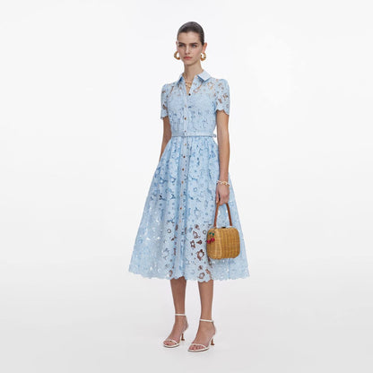 SP Blue Lace Collared Belted Shirtdress Midi Dress