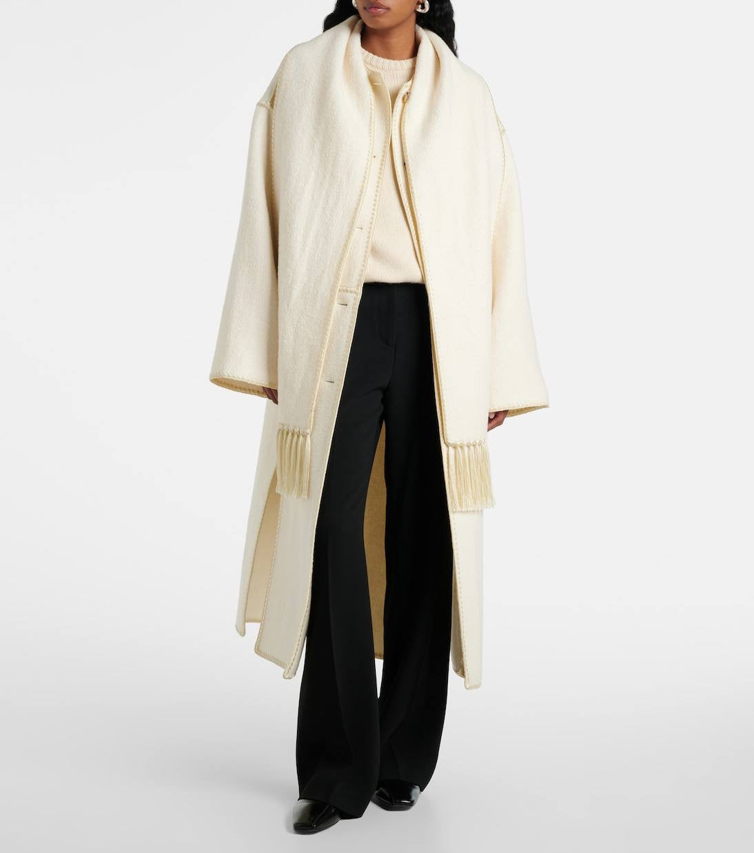 3 Colors! Tot Embroidered Wool-Blend Scarf Long Coat