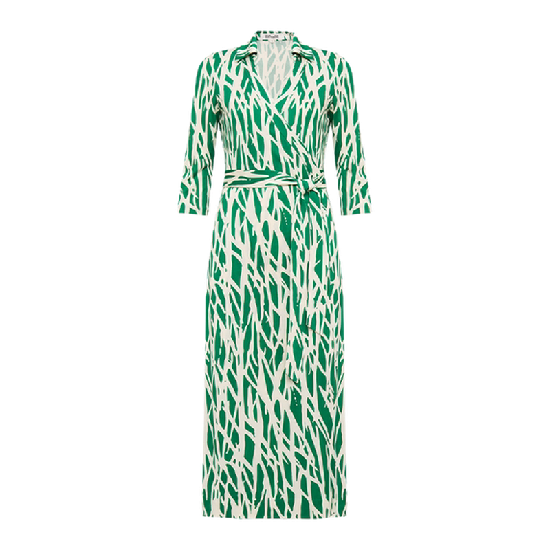 DVF Twig Green Silk Jersey Wrap Midi Dress