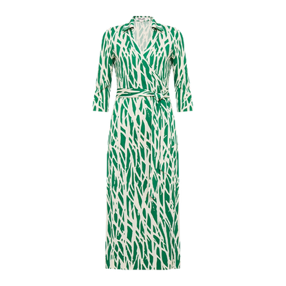 DVF Twig Green Silk Jersey Wrap Midi Dress