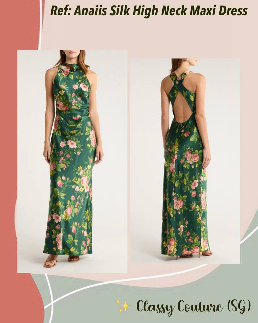 Ref Anaiis Silk High Neck Maxi Dress in Belvedere Green