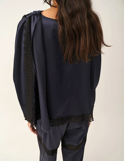 Cata Lace-Trimmed Silk Cape Top | Wide Leg Pants | Set