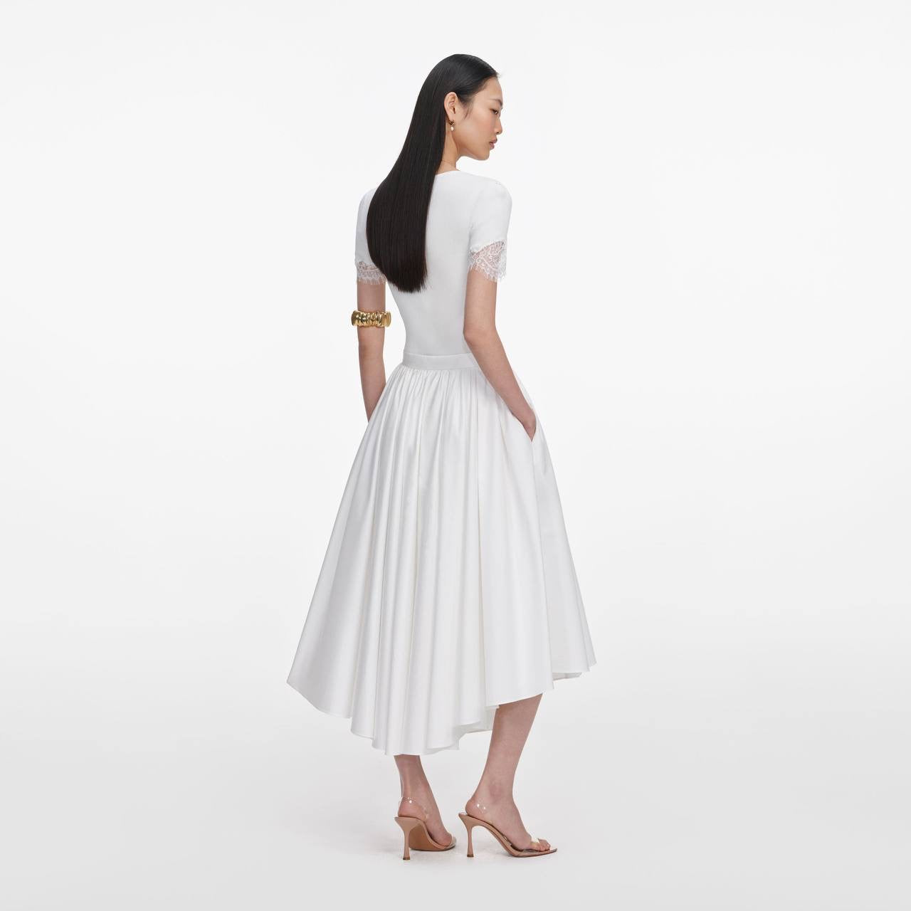 SP White Pointelle Short-Sleeve Sweater Top | Midi Skirt | Set