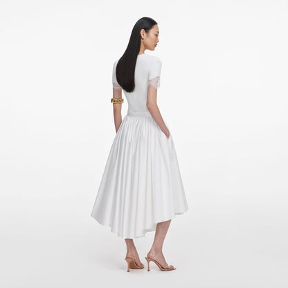 SP White Pointelle Short-Sleeve Sweater Top | Midi Skirt | Set