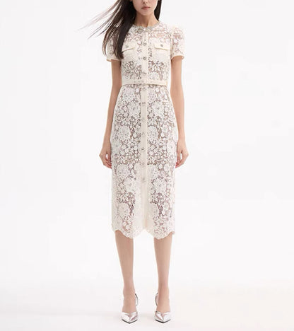 SP White Lace Diamante Bow Midi Dress