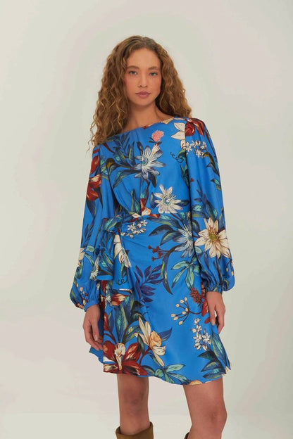 FR Blue Surreal Flowers Viscose Wrap Mini Dress
