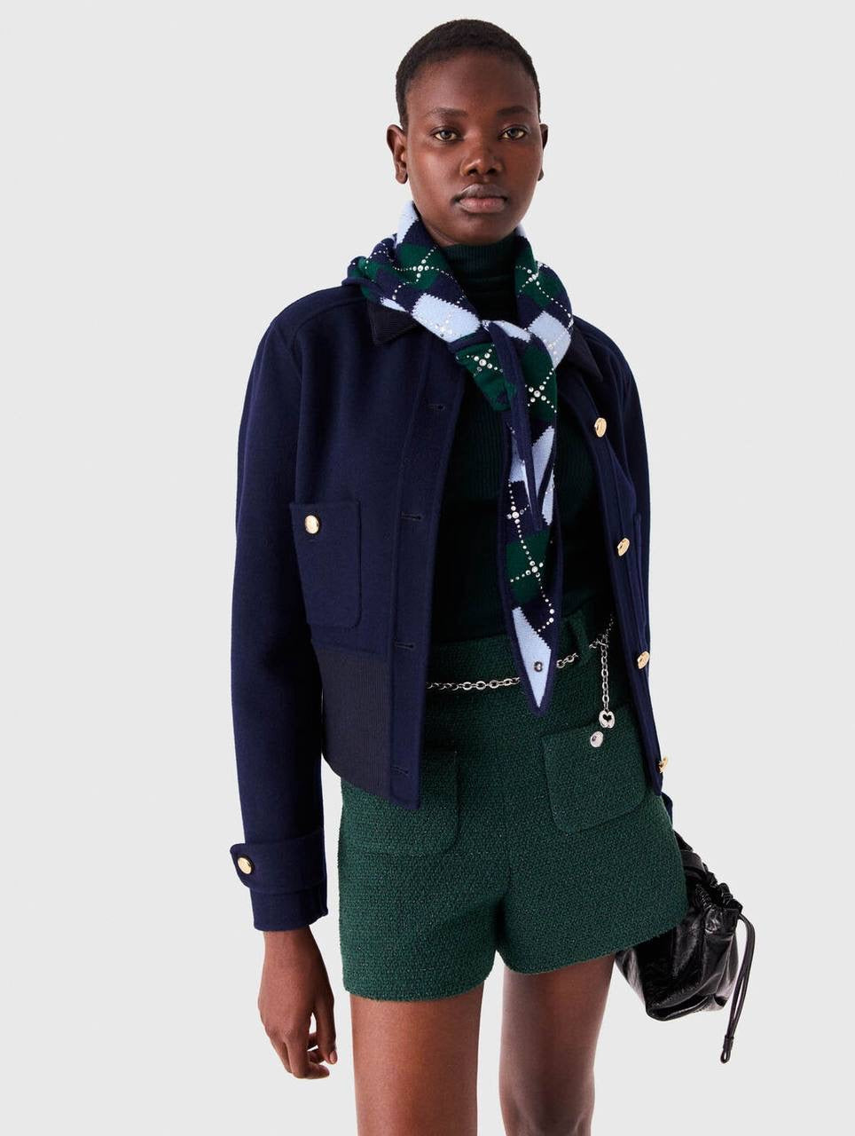 Argyle Diamond Jumper Sweater with Rhinestones & Wool Triangle Scarf | Green/Blue/Navy Set
