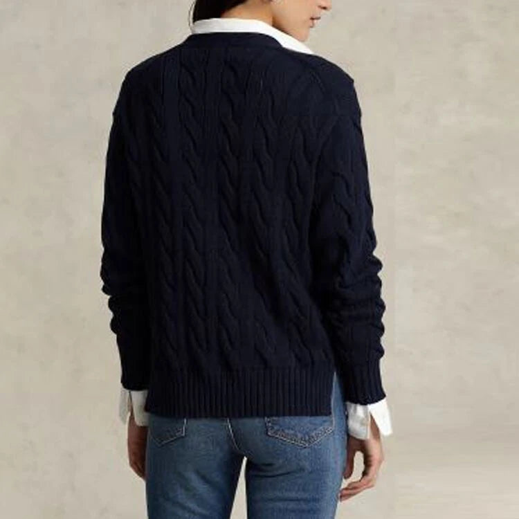 Cable-Knit Cotton V-neck Pocket Relaxed Cardigan