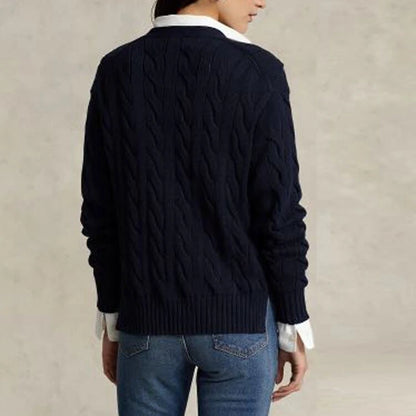 Cable-Knit Cotton V-neck Pocket Relaxed Cardigan