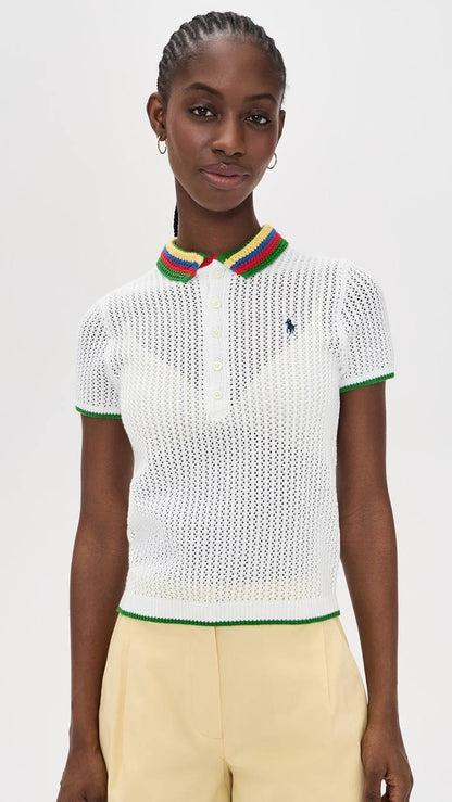 RL Pointelle Stripe Cotton-blend Polo Shirt Top with Rainbow Collar