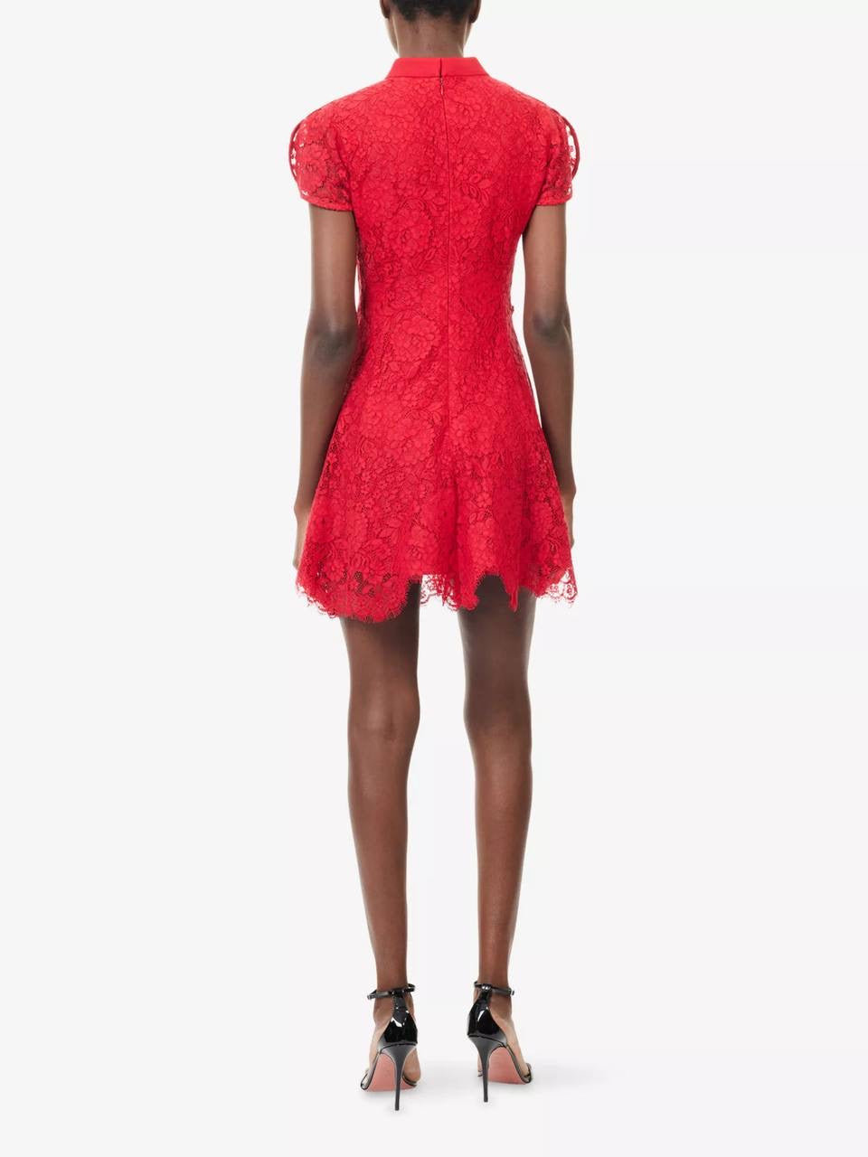 SP Red Lace Cap-Sleeve Cotton-Blend Cheongsam Qipao Mini Dress