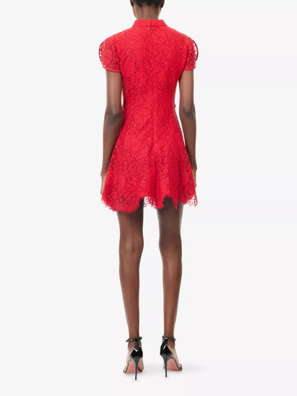 SP Red Lace Cap-Sleeve Cotton-Blend Cheongsam Qipao Mini Dress