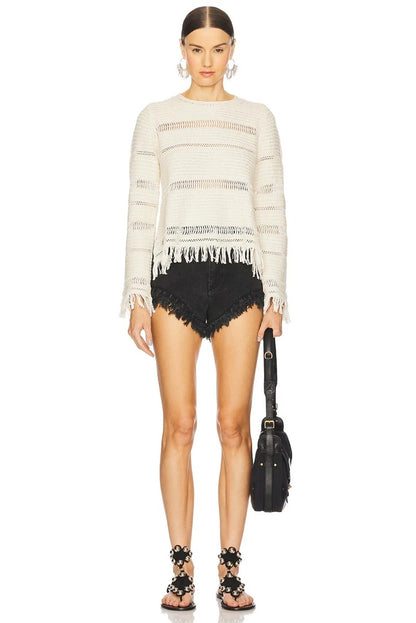 IM Azilis Open Stitch Fringe Cotton Crewneck Sweater Pullover
