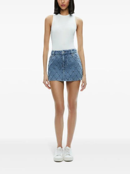 AO Joss High Rise Quilted Embellished Denim Mini Skirt