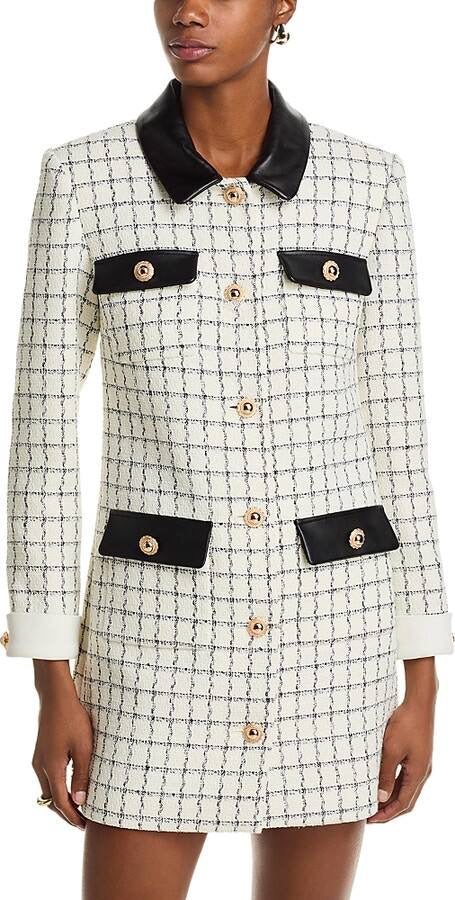 SP Check Boucle Leather Trim Long Sleeve Mini Dress