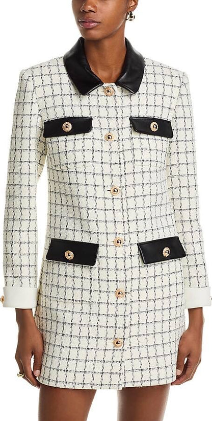 SP Check Boucle Leather Trim Long Sleeve Mini Dress