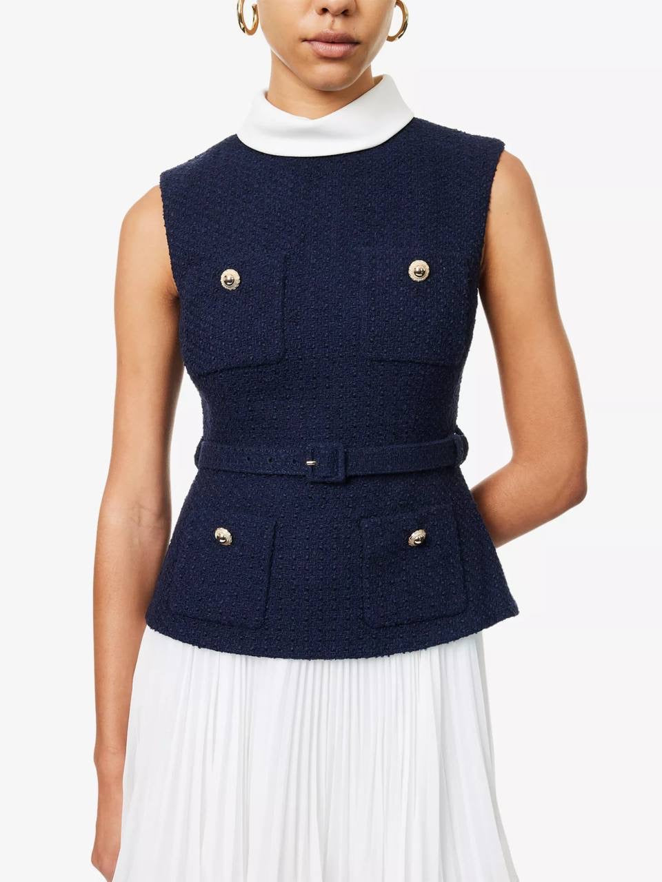 SP Navy Boucle & Chiffon Pleated Sleeveless Woven Mini Dress
