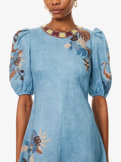 ALM Georgie Puff Sleeve Linen Midi Dress