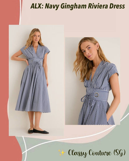 2 Colors! ALX Riviera Cotton-Viscose Midi Dress in White & Navy Gingham Blue