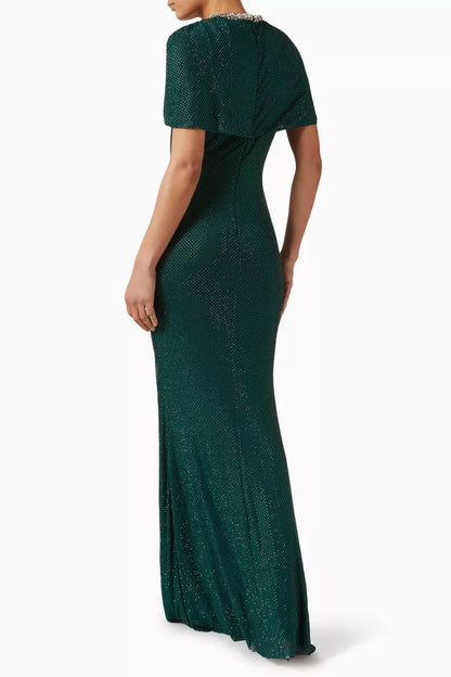 SP Green & Champagne Rhinestone-embellished Draped Sleeve Maxi Dress
