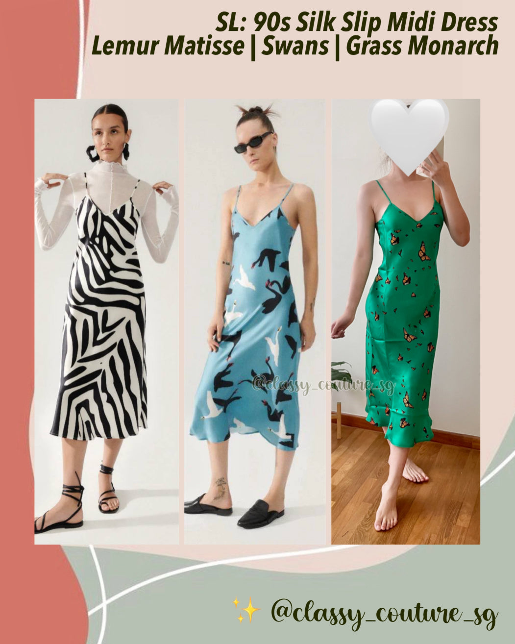 (PART 1/2) SL 90s Silk Slip Midi Dress Animal Prints: Swans, Grass Monarch Butterfly, Lemur Matisse