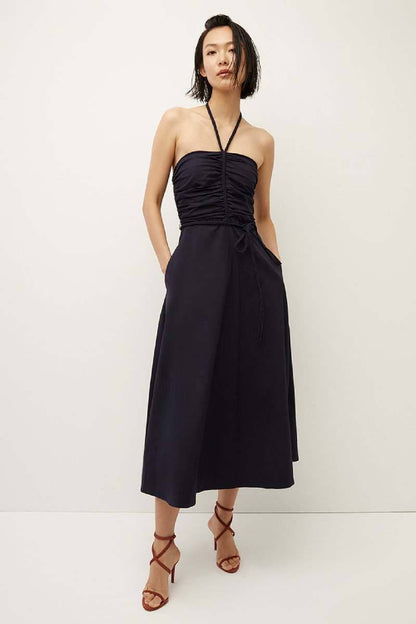 VB Tucker Stretch-Cotton Ruched Halter Midi Dress