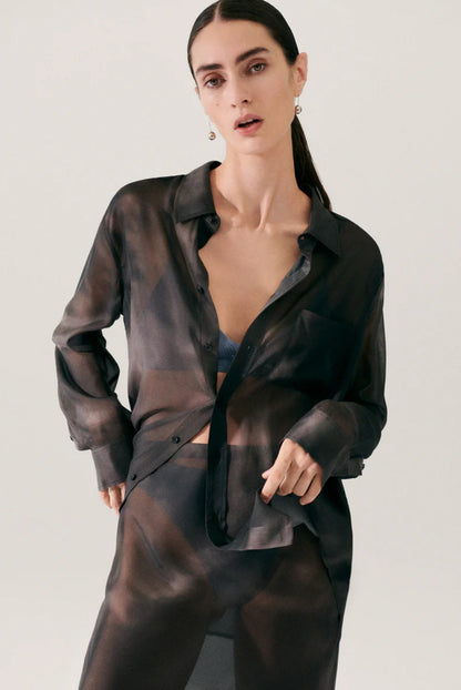 SL Silk Chiffon Boyfriend Shirt long sleeve in Hog Wash | Smoke