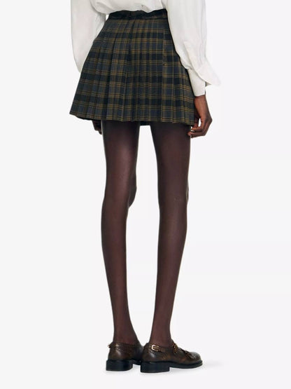 SD Oliviana Checked Pleated Woven Buckle Mini Skirt