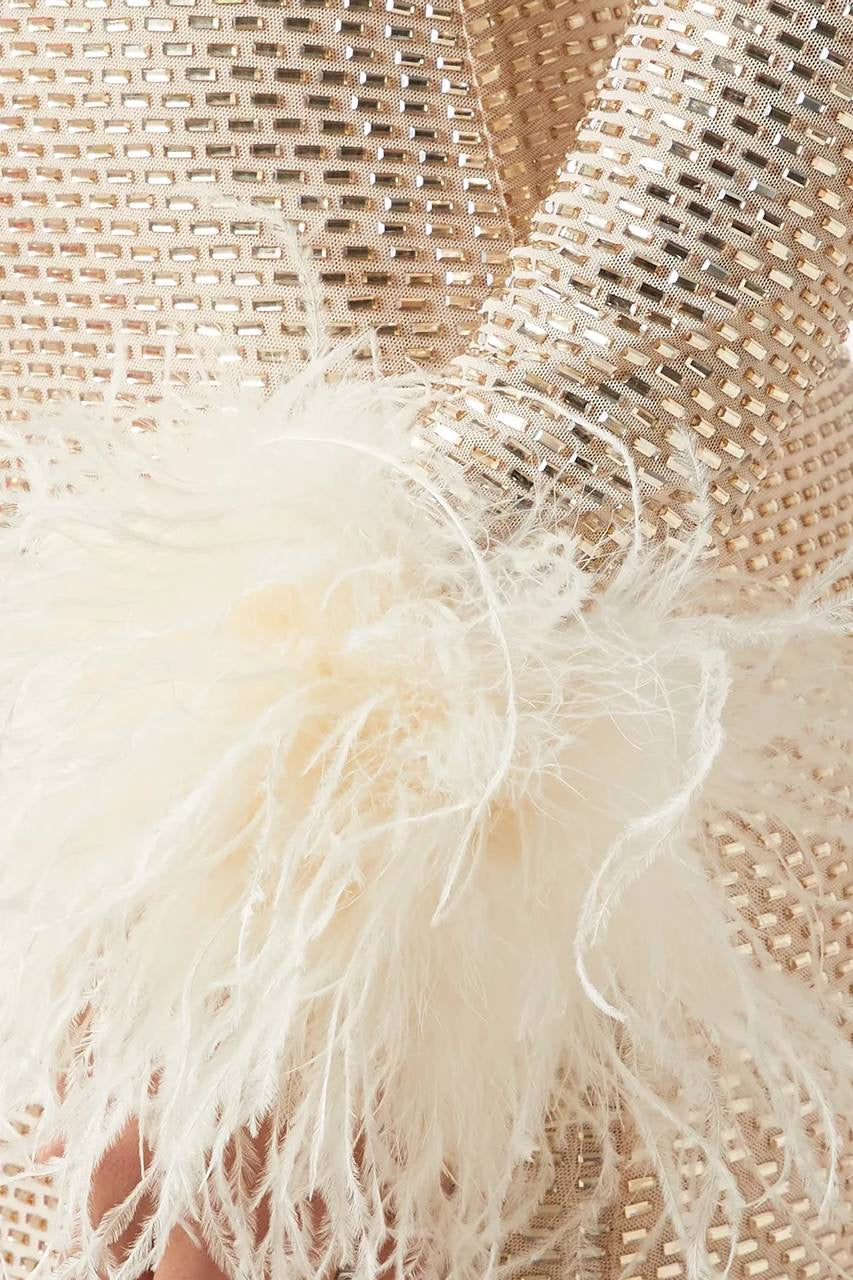 SP Champagne Rhinestone Feather Midi Dress